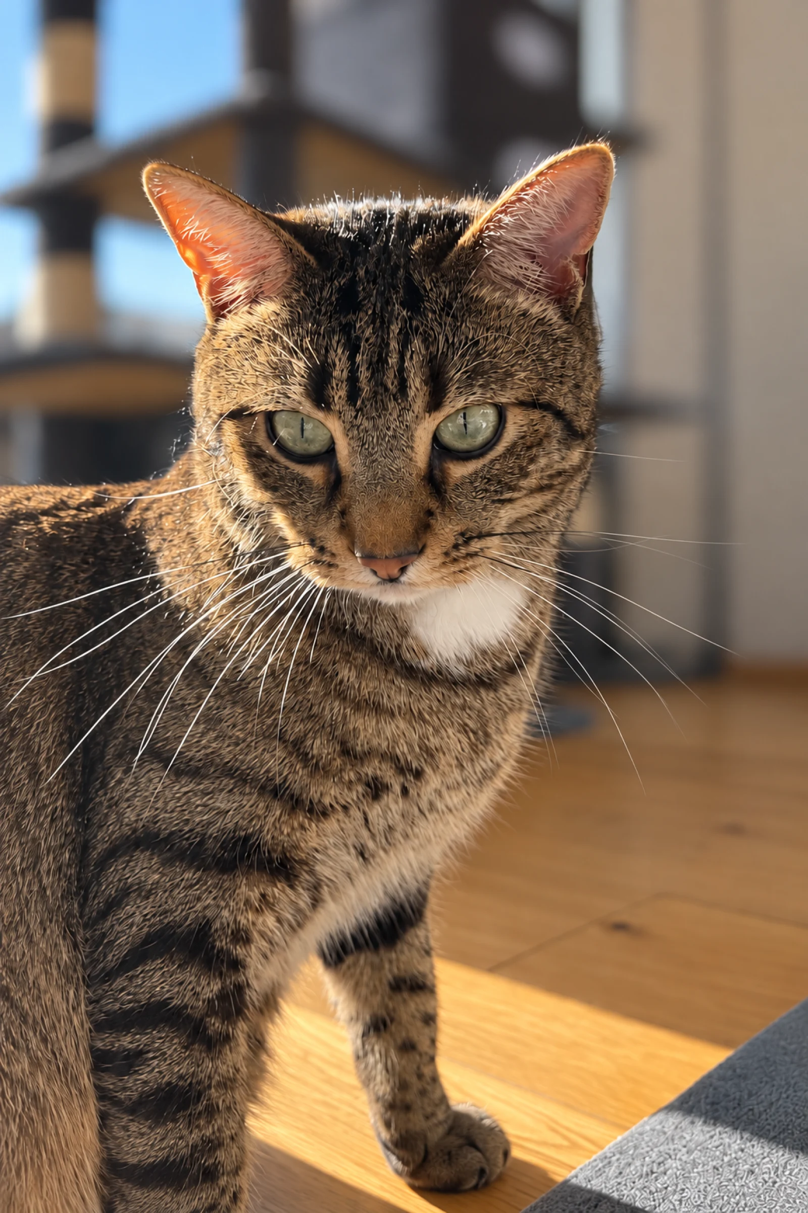 Samuel, ein braun getigerter Kater, im warmen Sonnenlicht